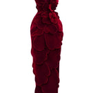 Red velvet V-neck strapless gown from HAPPY CLOTHING featuring petal details and elegant flowing design.