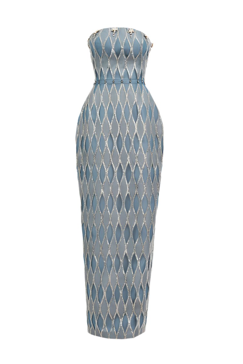 STRAPLESS COLUMN ORGANZA MAXI DRESS IN BLUE - CULT MIA