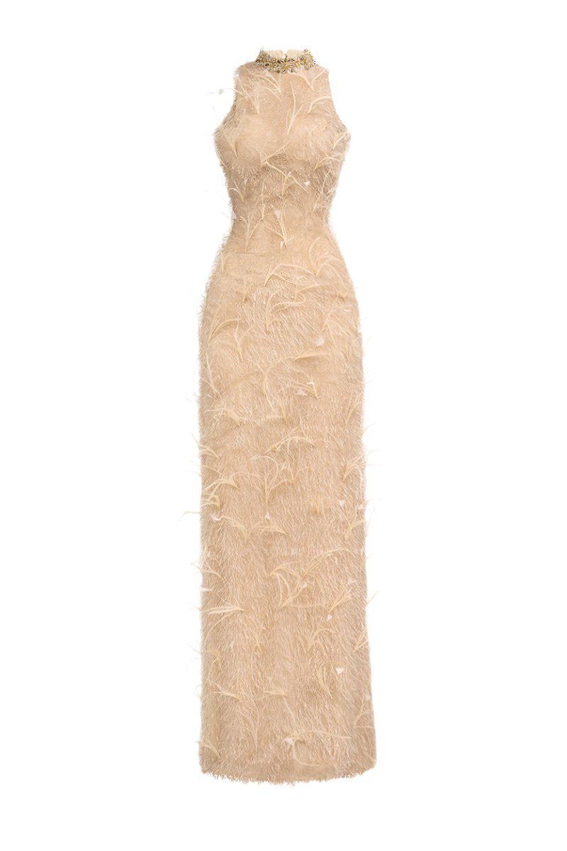 FEATHER MAXI DRESS IN BEIGE - CULT MIA