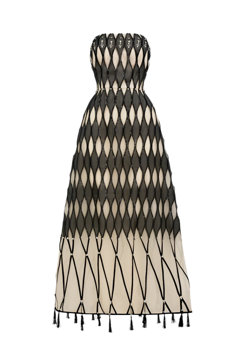 Black and white lattice strapless mesh gown by Happy Clothing, featuring intricate design and elegant fit.