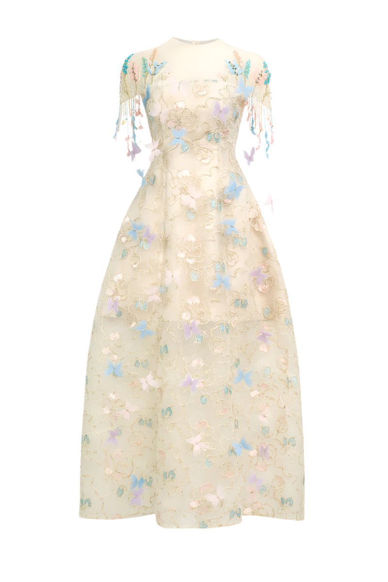 IVORY FLORAL ORGANZA MAXI DRESS WITH COLORFUL BUTTERFLIES IN WHITE - CULT MIA