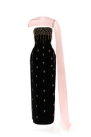 Black velvet crystal body gown with cape by Happy Clothing, featuring intricate crystal embellishments and flowing cape detail.