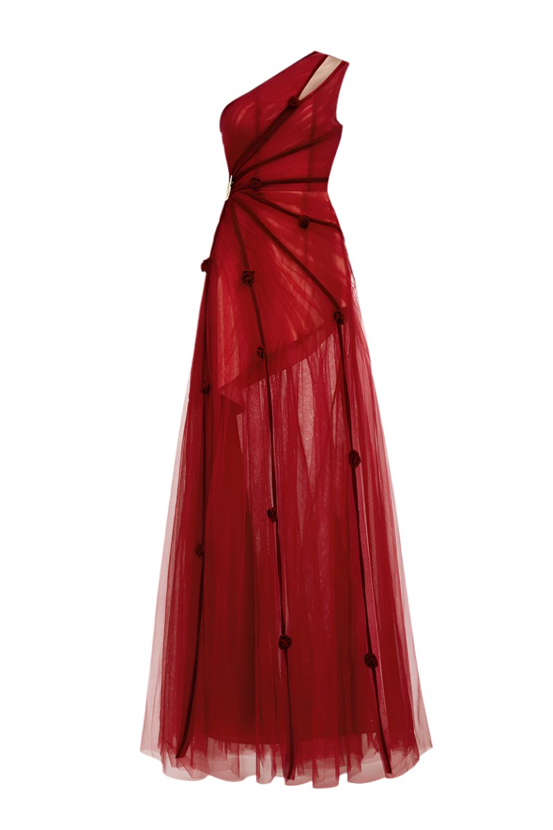 ONE-SHOULDER MESH MAXI DRESS WITH FLORAL IN RED - CULT MIA