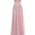 Dusty pink embellished hooded mesh gown by Happy Clothing, with intricate details and a flowing, elegant design.