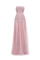 Dusty pink embellished hooded mesh gown by Happy Clothing, with intricate details and a flowing, elegant design.