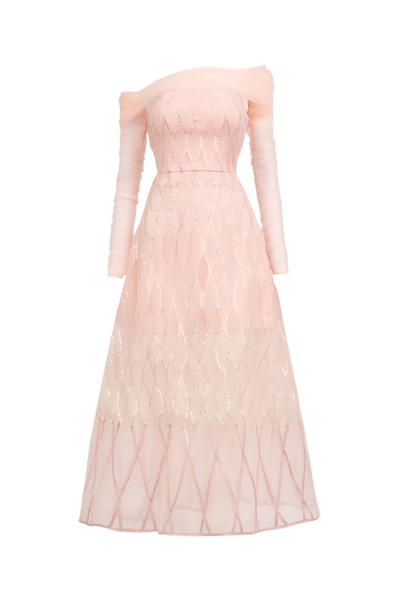 OFF SHOULDER ORGANZA MIDI DRESS IN PINK - CULT MIA