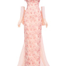 Pink roses organza gown with matching pink gloves, elegant formal dress by Happy Clothing, detailed fabric and floral design.