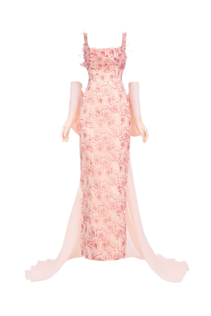 PINK ROSES ORGANZA MAXI DRESS WITH GLOVES IN PINK - CULT MIA