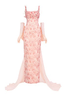 Pink roses organza gown with matching pink gloves, elegant formal dress by Happy Clothing, detailed fabric and floral design.