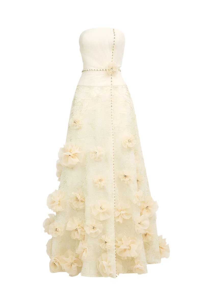 FLORAL A-LINE ORGANZA MAXI DRESS IN WHITE - CULT MIA