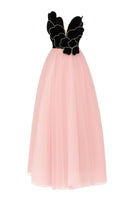 Elegant V-neck petal strapless gown by Happy Clothing, featuring flowing fabric and a fitted waist for formal occasions.