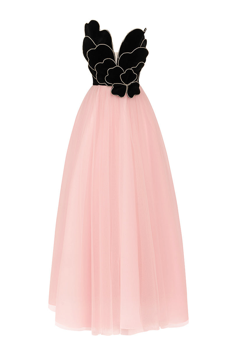 Elegant V-neck petal strapless gown by Happy Clothing, featuring flowing fabric and a fitted waist for formal occasions.