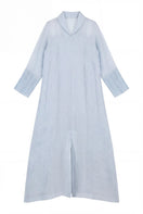Shatha Essa embroidered maxi dress with side slit and inner dress visible, featuring intricate embroidery and flowing fabric.