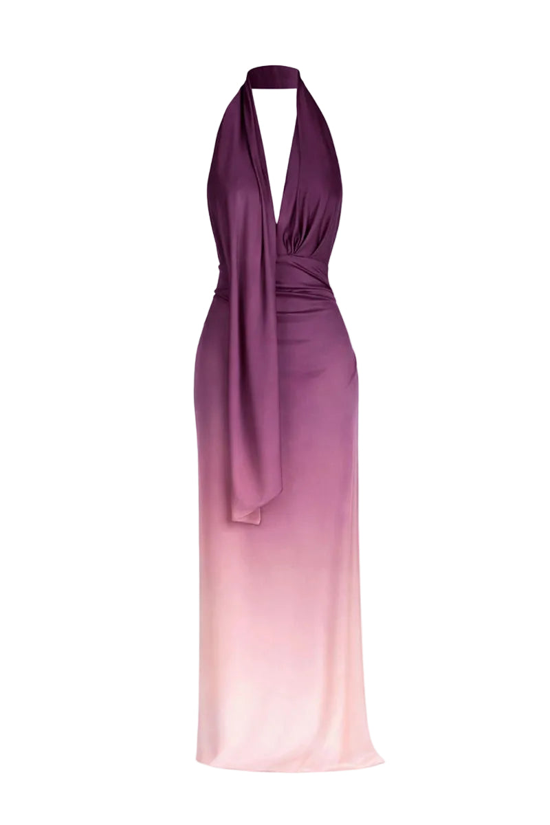 AquaRel Studio Solace purple gradient maxi dress with flowing fabric and sleeveless design, perfect for elegant summer occasions.