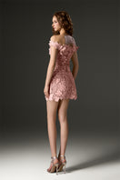Pink off-shoulder floral lace mini dress by I.H.F Studio, featuring a fitted silhouette and delicate lace details.