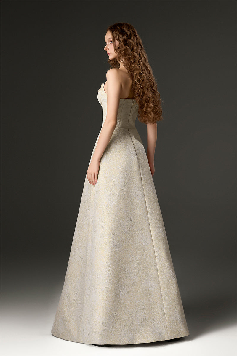 Yellow Lotus Brocade A-line gown by I.H.F Studio featuring intricate brocade fabric and elegant design.