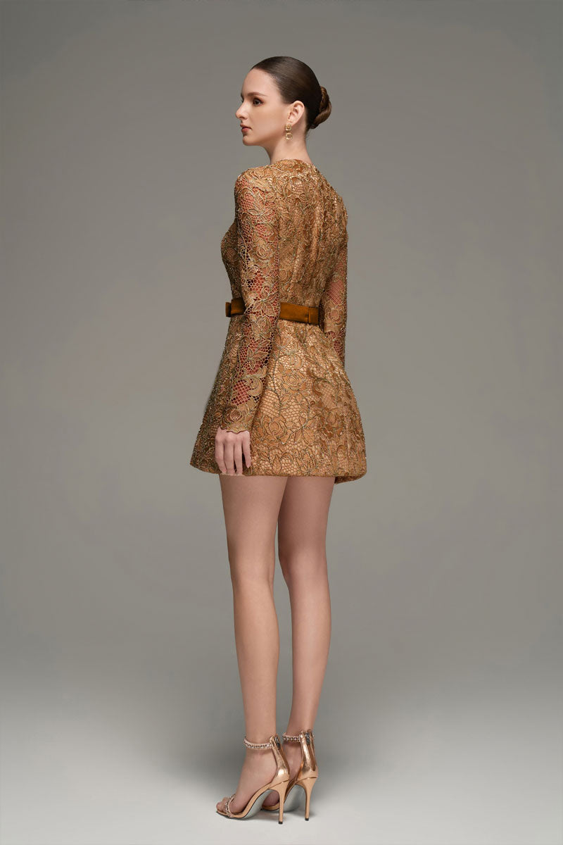 LONG SLEEVE LACE MINI DRESS IN BROWN | CULT MIA | I.H.F Studio LONG SLEEVE LACE MINI DRESS IN BROWN | CULT MIA | I.H.F Studio