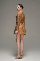 Brown long sleeve lace mini dress by I.H.F Studio, featuring intricate lace details and a fitted silhouette.