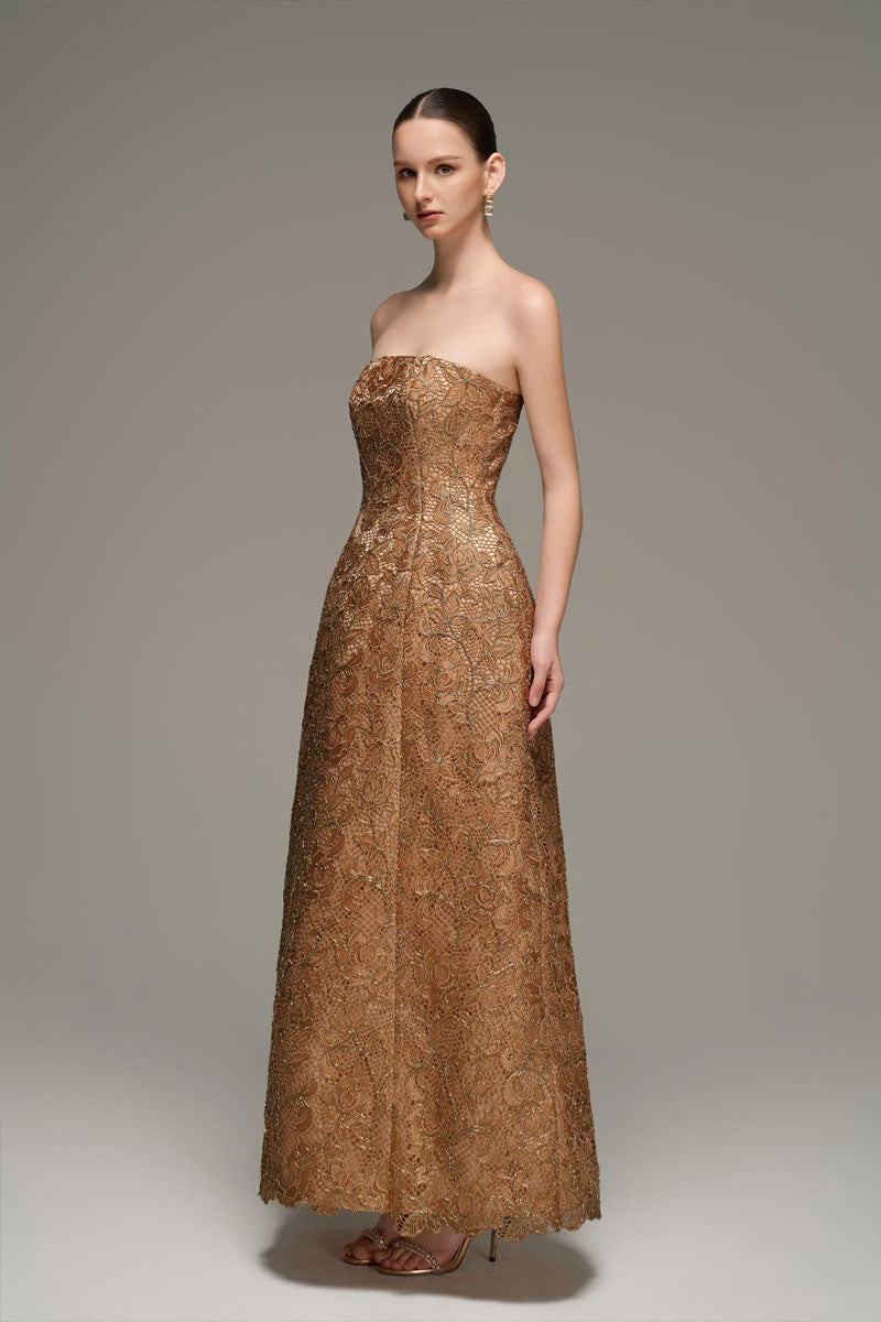 Brown lace bustier gown by I.H.F Studio, featuring intricate lace details and a fitted silhouette, perfect for elegant occasions.