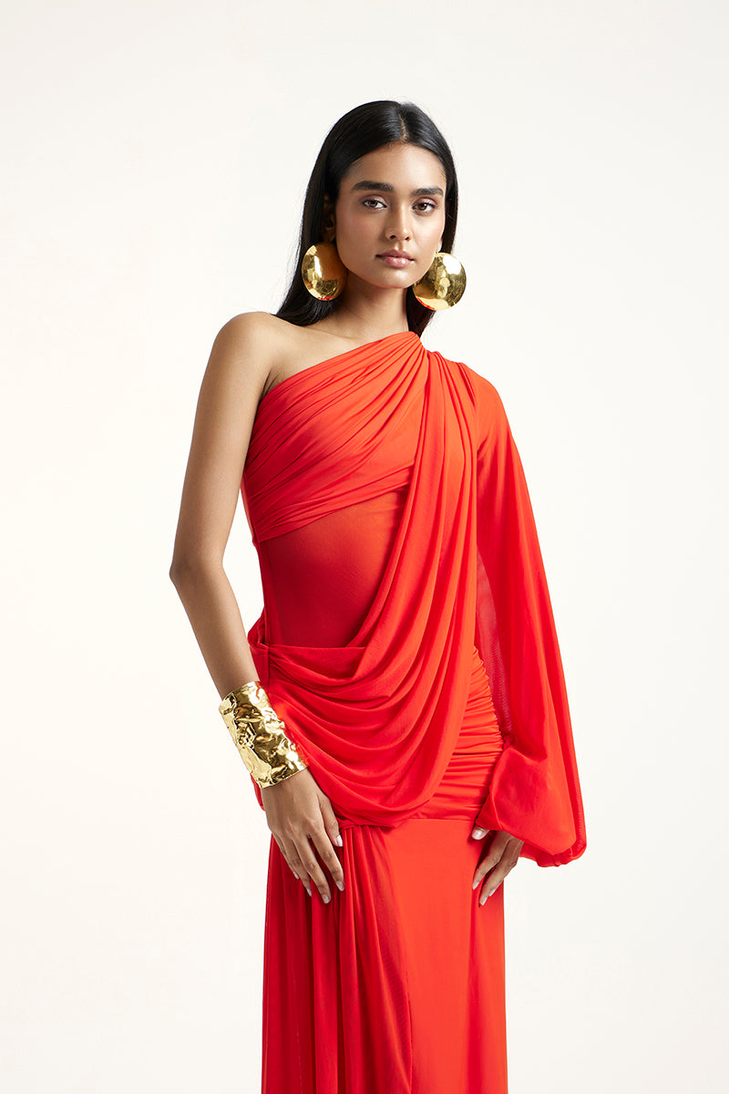 Deme By Gabriella Serenity Hibiscus gown featuring flowing fabric and floral design, perfect for special occasions.