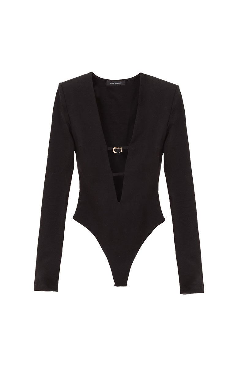 Black Kris Marán buckle bodysuit with stylish cutouts, featuring a fitted top design with metallic buckle accents.