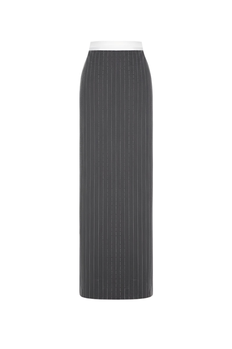 Montsand striped Jacques maxi skirt with bold vertical and horizontal stripes, flowing fabric, and a high waist design.