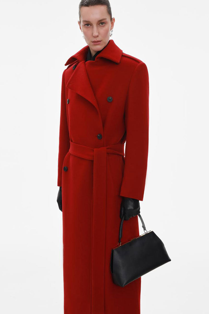 Red wool midi coat by ELENAREVA, showcasing a stylish knee-length coat with a tailored fit and classic collar design.