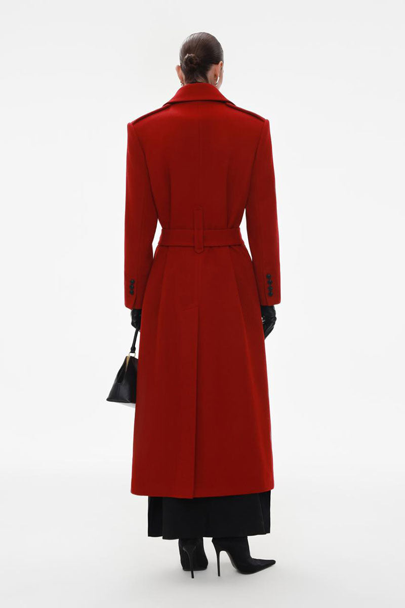 Red wool midi coat by Elenareva, stylish outerwear with a tailored fit, featuring a classic collar and button closure.