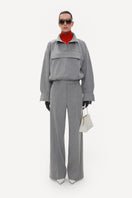 Gray wool pinstripe anorak coat by ELENAREVA with a tailored fit and button details, shown on a hanger.