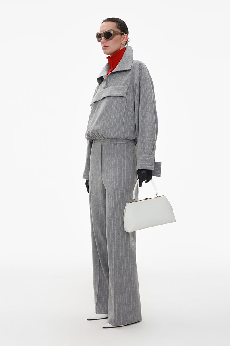 Gray wool pinstripe anorak coat by ELENAREVA featuring a classic design with a hood and button closure.