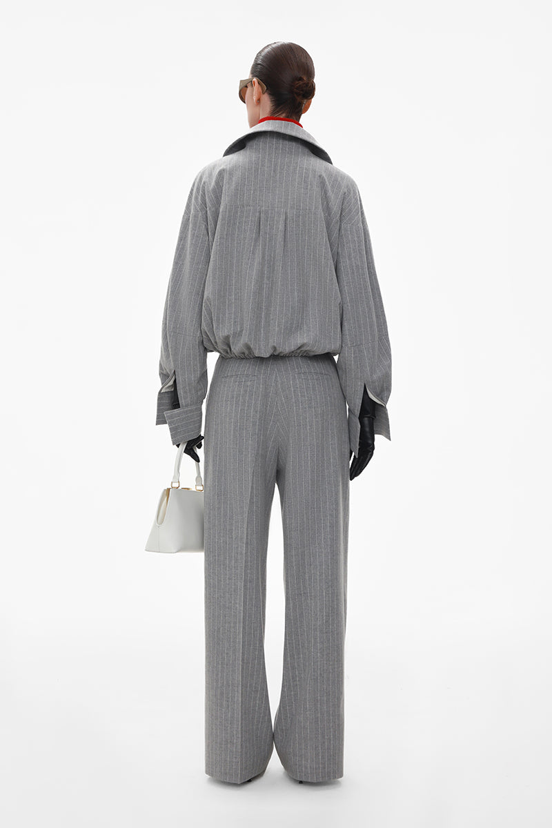 Gray wool pinstripe anorak coat by ELENAREVA featuring a tailored fit and button details, suitable for casual or semi-formal wear.