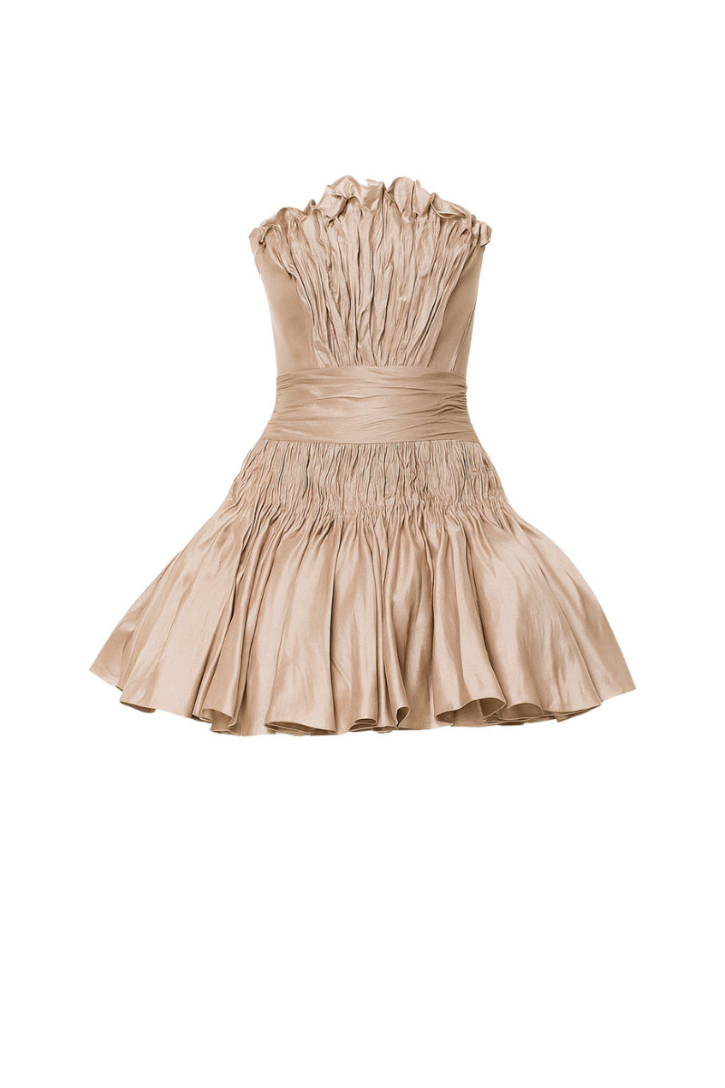 CHAMPAGNE BEIGE SHORT FLARED DRESS | CULT MIA