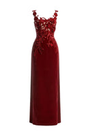 Elegant crimson velvet rose gown by Rosee de Matin, featuring luxurious fabric and intricate design details.