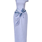 Blue embroidered pinstripe off-shoulder midi dress by Lecia, featuring elegant design and lightweight fabric.