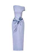 Blue embroidered pinstripe off-shoulder midi dress by Lecia, featuring elegant design and lightweight fabric.