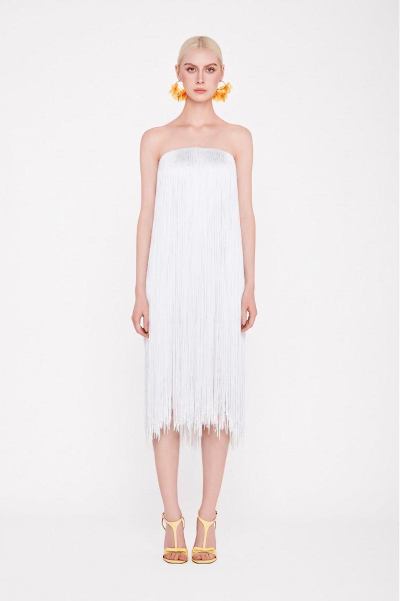 Valenciani white all-over fringe midi dress with flowing fabric and fringe details, elegant and stylish for special occasions.