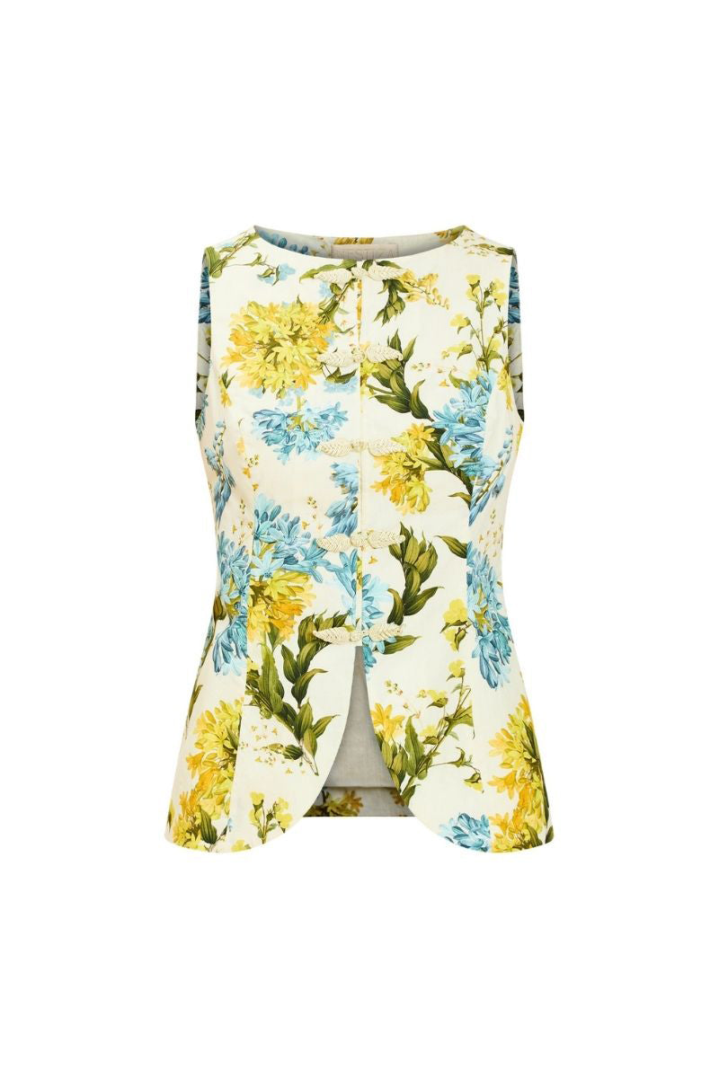 Mestiza New York Annelise vest in verdant blooms, featuring a sleeveless top with vibrant floral pattern and lightweight fabric.