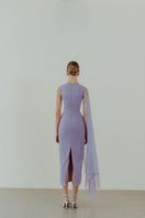 Violet embroidered pencil gown by HACCHIC COUTURE featuring intricate embroidery and a fitted silhouette.