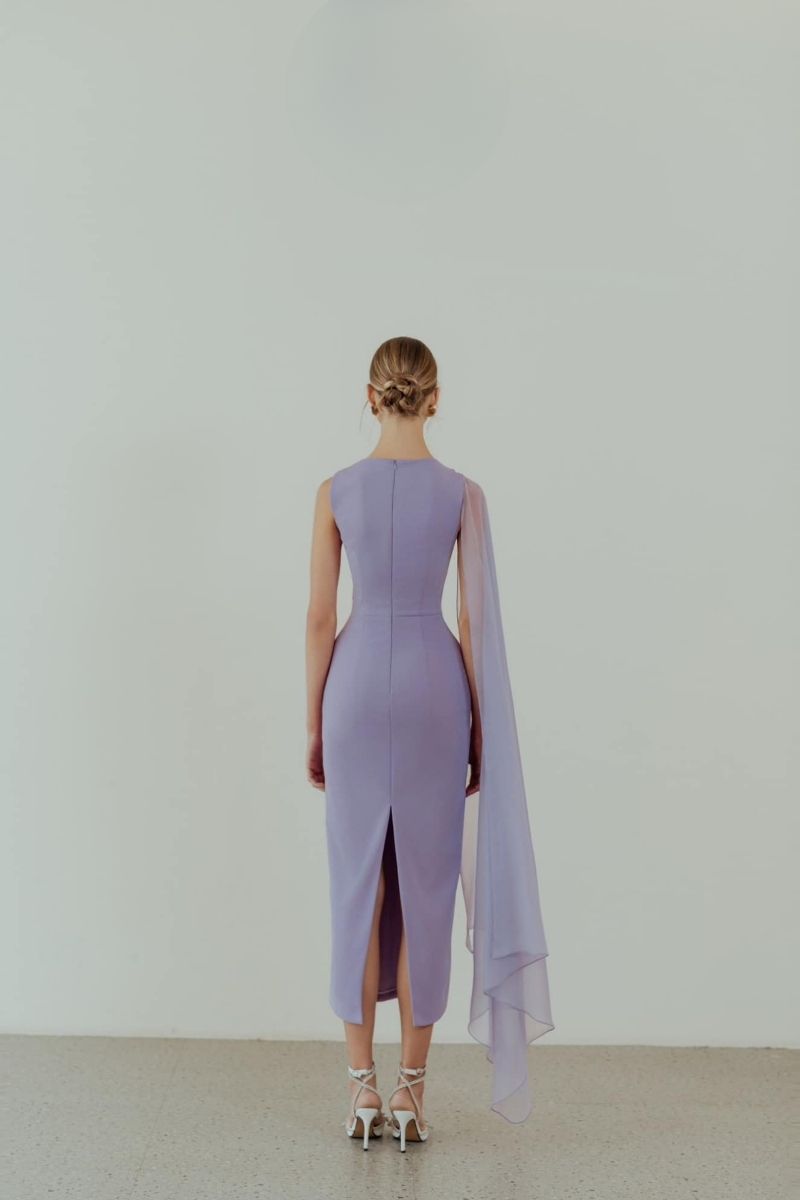 Violet embroidered pencil gown by HACCHIC COUTURE featuring intricate embroidery and a fitted silhouette.