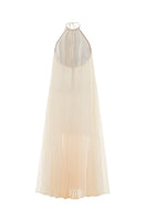 Valenciani ivory halter neck pleated midi dress displayed on a hanger, showcasing its elegant design and flowing fabric.