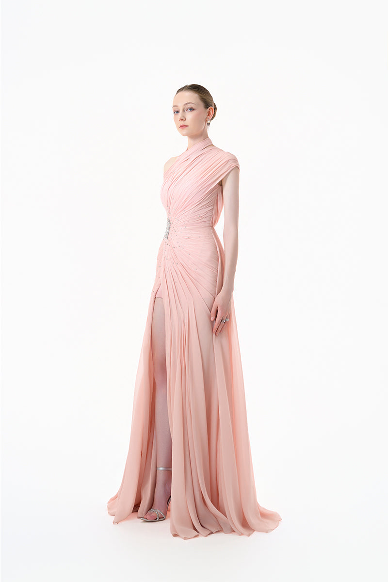 Blush rose pleated draped maxi gown by Happy Clothing featuring elegant fabric and flowing design.
