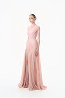 Blush rose pleated draped maxi gown by Happy Clothing featuring elegant fabric and flowing design.