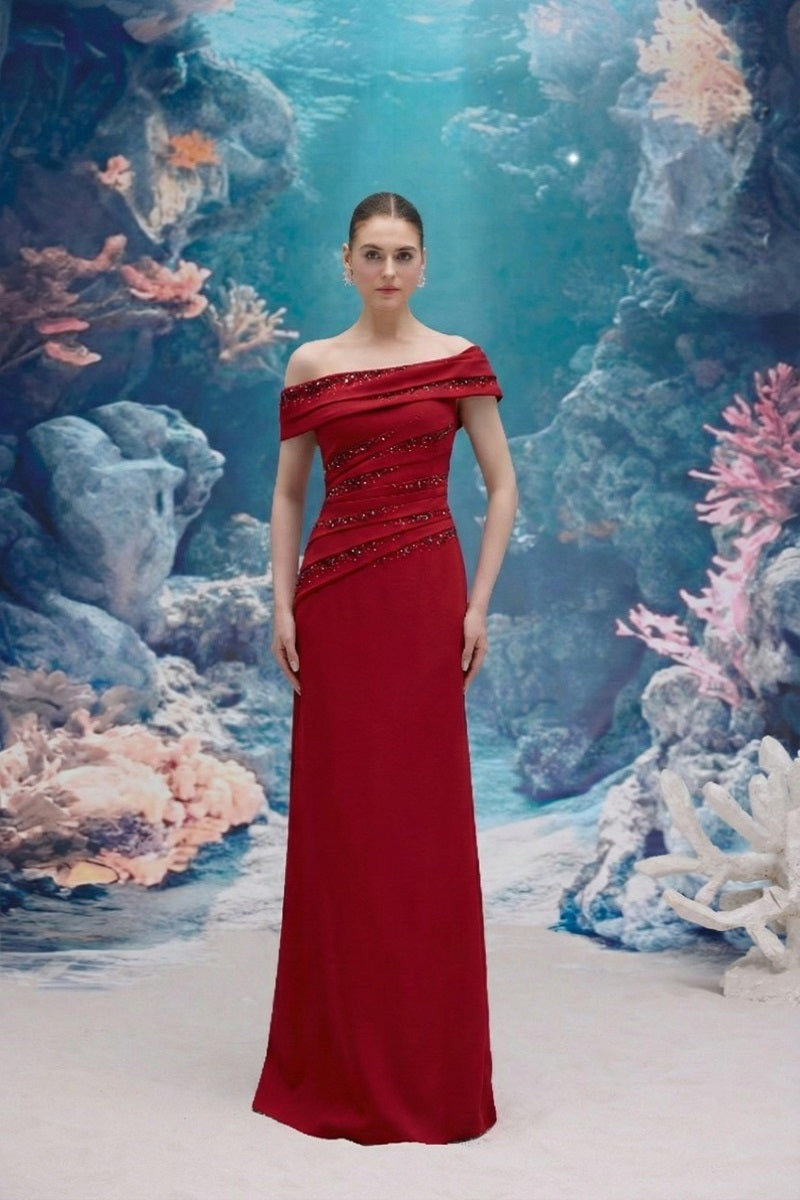 Red Nadine Crepe Dress by 21Six, elegant gown with a flowing silhouette and detailed crepe fabric, shown on a model.