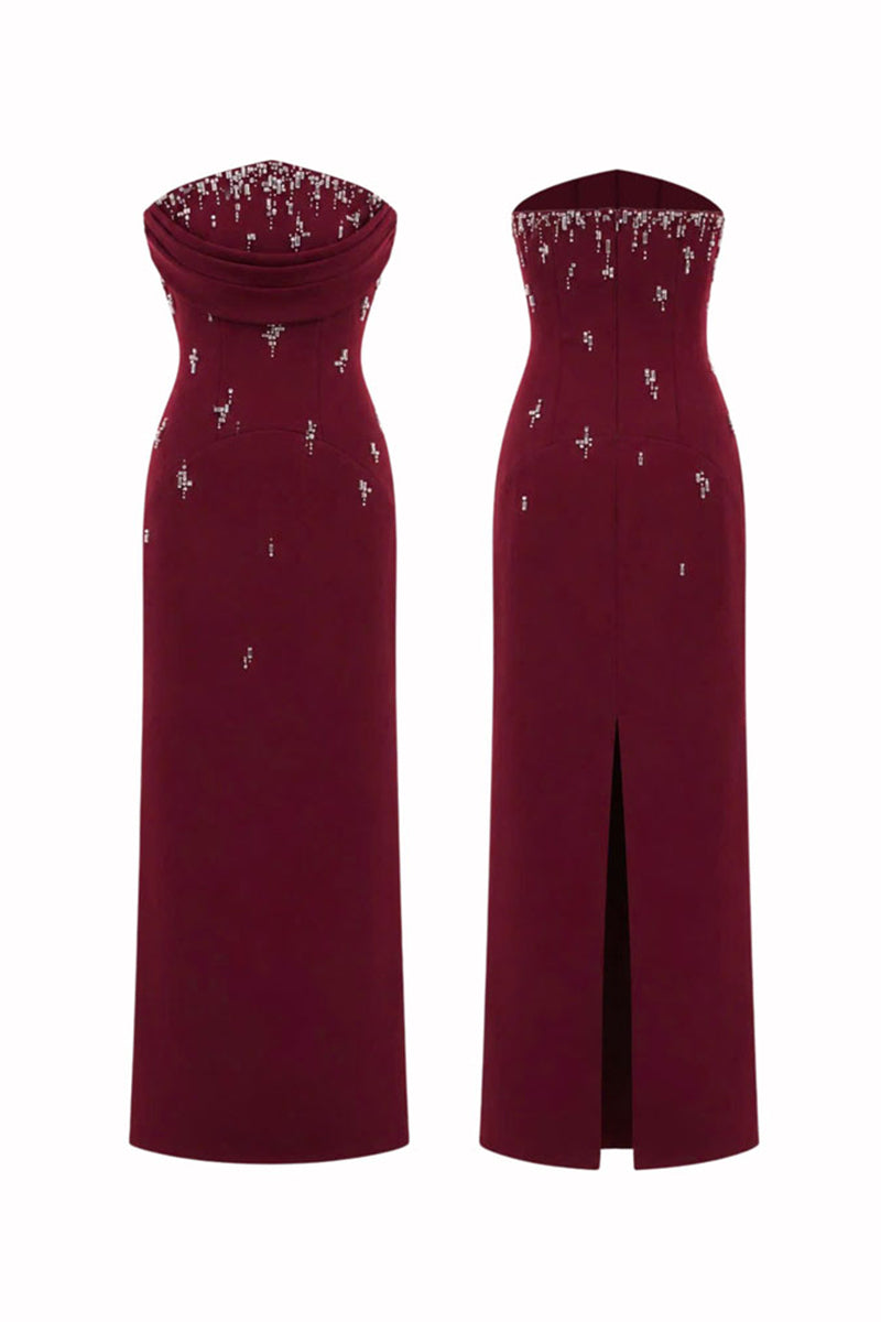 HACCHIC COUTURE ruby drape column maxi dress in wine red, elegant sleeveless design with flowing fabric and gathered waist.