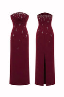 HACCHIC COUTURE Ruby Drape Column Dress in Wine Red, elegant gown with flowing fabric and sophisticated silhouette.