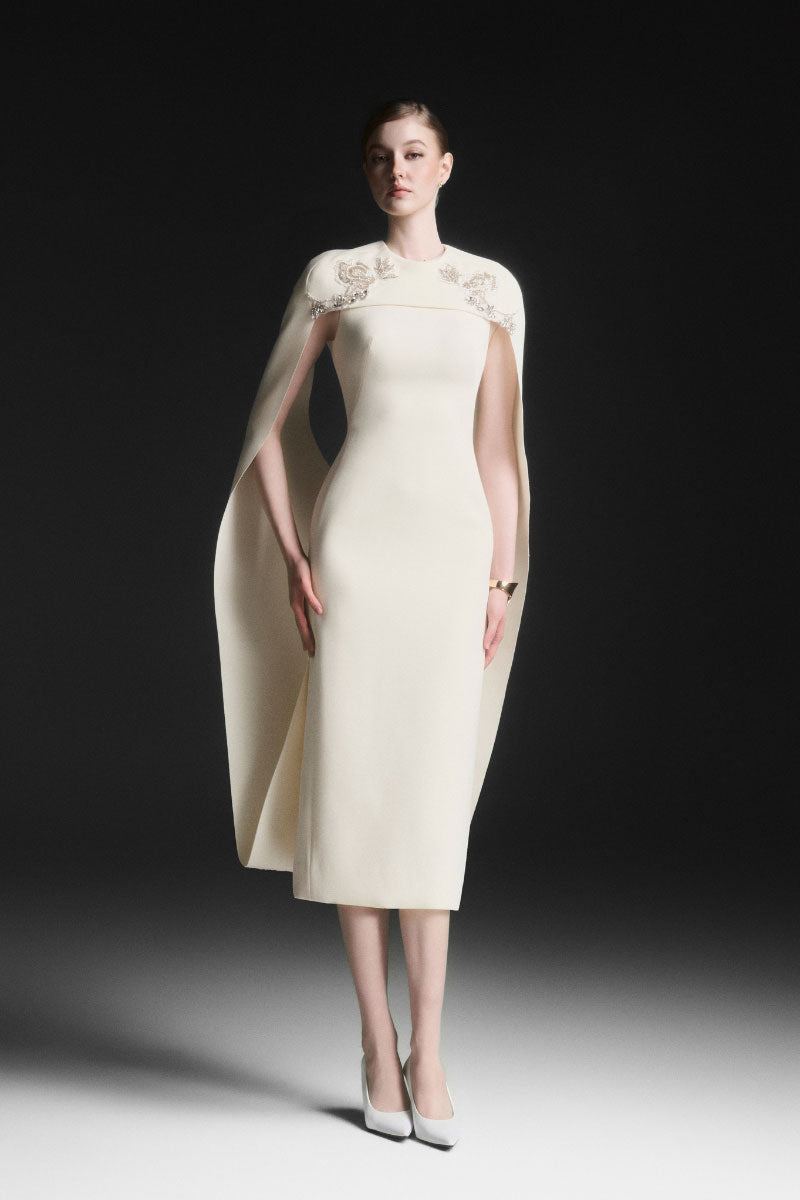 NERISSE EMBROIDERY MIDI DRESS IN VANILLA CREAM