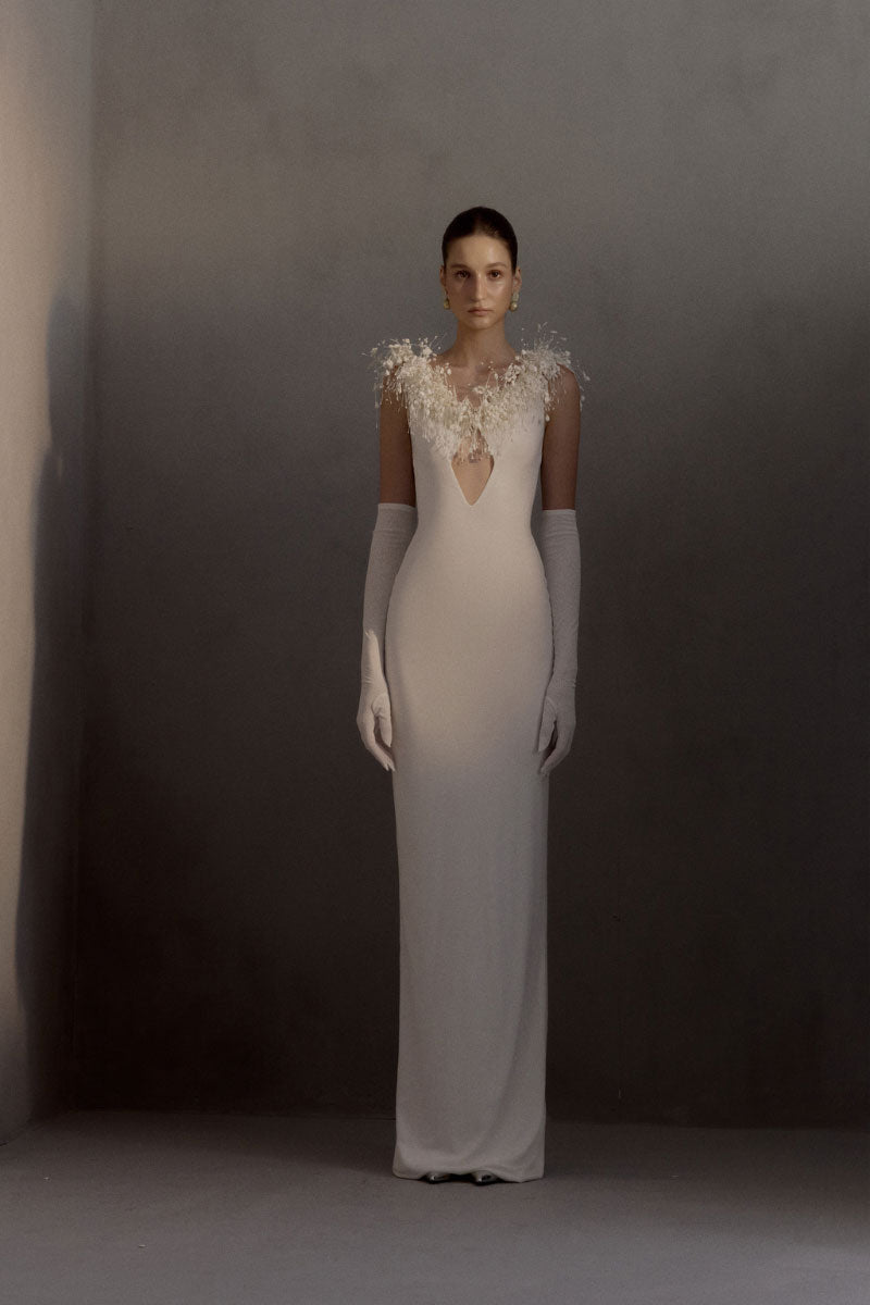 Elegant white Envious dress gown by White Plan, flowing fabric with intricate details perfect for formal occasions.