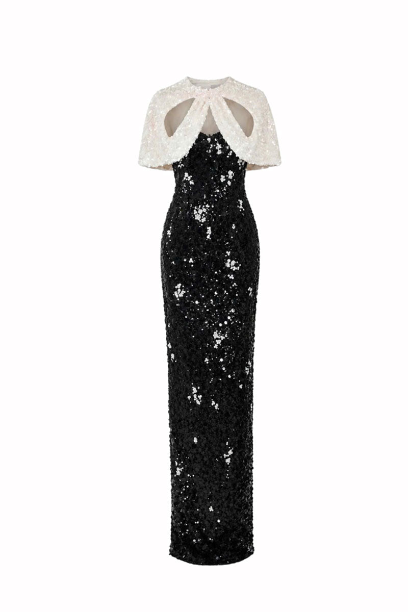 Black Luna Cape Gown by HACCHIC COUTURE, elegant maxi dress with flowing cape details, perfect for formal occasions.
