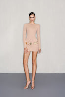 CEM nude belt mini dress, sleeveless with a fitted silhouette, displayed on a hanger against a neutral background.