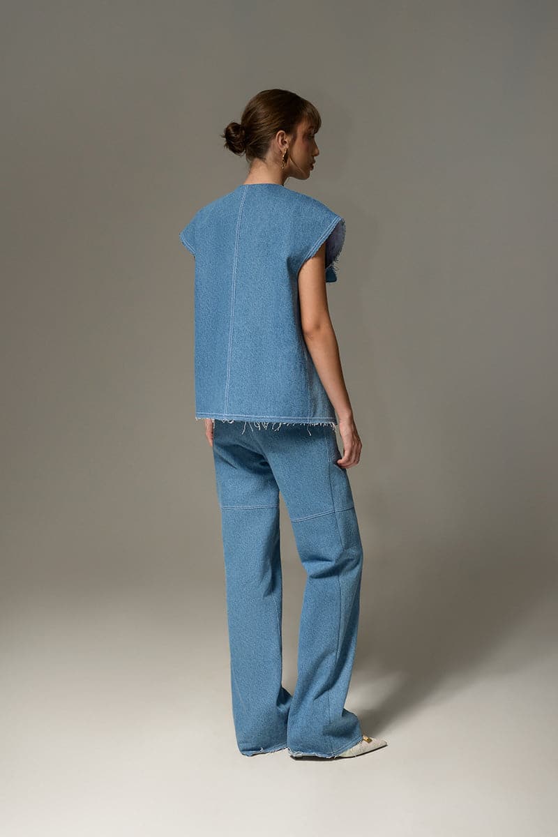 Liya Aqua Denim Relaxed Pants shown in light blue denim fabric with a relaxed fit and casual style.